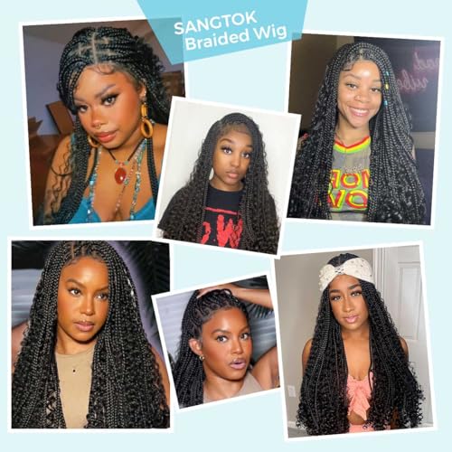 Boho Braided Wigs for Black Women, 36 inch Knotless Full Lace Boho Box Braid Wig, Bohemian Curly Ended Double Full Lace Goddess Braided Wig