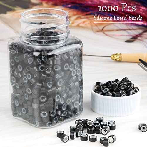 NIACONN 1000pcs 5 mm Tinsel Hair Extensions Beads, Silicone Lined Ring Micro Link I-tip Beads for Hair Extension - Black