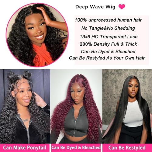 26 Inch 13x6 Deep Wave Lace Front Wigs Human Hair Pre Plucked HD Lace Front Curly Wigs Human Hair 200% Density Glueless Frontal Wigs Human Hair with Black Color