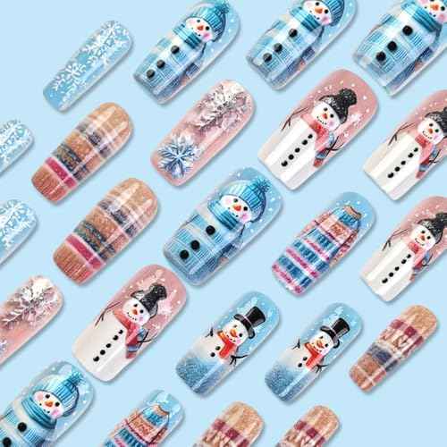 Christmas Press on Nails Medium Square Blue Fake Nails with Snowman Snowflake Designs Cute Winter Nails Press ons Gel Acrylic Glue on Nails Medium Length Holiday Stick on Nails for Women Girls 24Pcs