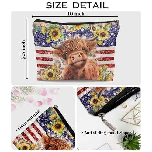 Ayxvt 4th of July Patriotic Highland Cow Makeup Bag - Independence Day Decor Zipper Bags, Summer Sunflower Floral Gifts