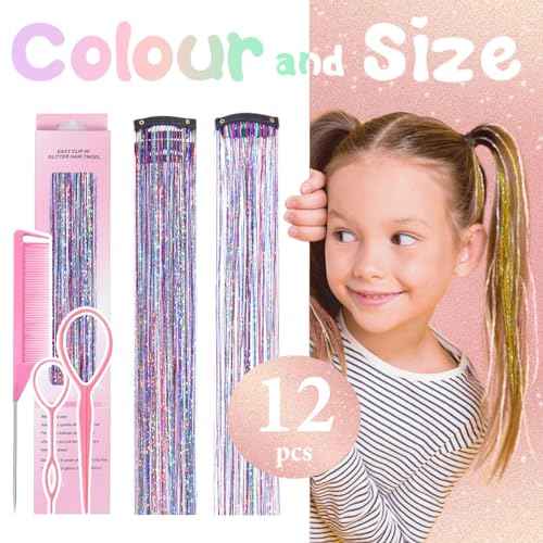 Hair Tinsel Clip in Dreamy Colorful Fairy Hair Tinsel Kit, 12 Pcs 24 Inch Glitter Clip in Hair Extensions for Girls Women Kids Christmas New Year Festival Party (Dreamy Colorful)