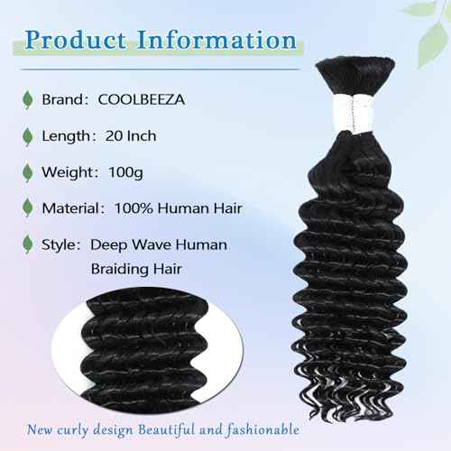 Human Braiding Hair 20 Inch Deep Water Wave Bulk Human Hair for Braiding 12A Brazilian Virgin Curly Hair for Boho Braids Wet and Wavy No Weft 2 Bundles 100g Hair Extensions