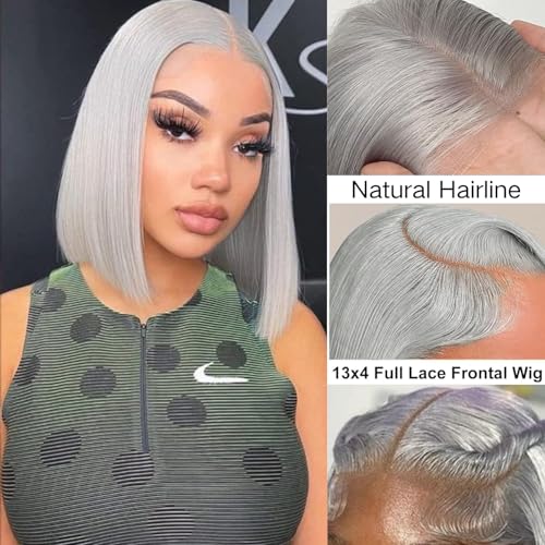 12 Inch Silver Grey Short Straight Bob Wigs Human Hair Short Straight Grey Bob Wig 13x4 HD Lace Front Bob Wigs 180% Density Pre Plucked With Baby Hair for Women