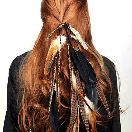 2Pcs Feather Hair Clip-in Extensions for Women Halloween Cosplay Costume Carnival Party Headdress, Handmade Bohemian Hippie Hair Clip Comb, Mixed Peacock Pheasant Tails Feather Clips Black Brown