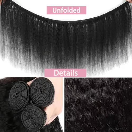 Kinky Straight Bundles Human Hair 18 20 22 Inch Yaki Straight Bundles Real Human Hair Bundles 100% Unprocessed Brazilian Hair Deals Kinkycurly Human Hair Extensions Quick Weave Natural Black