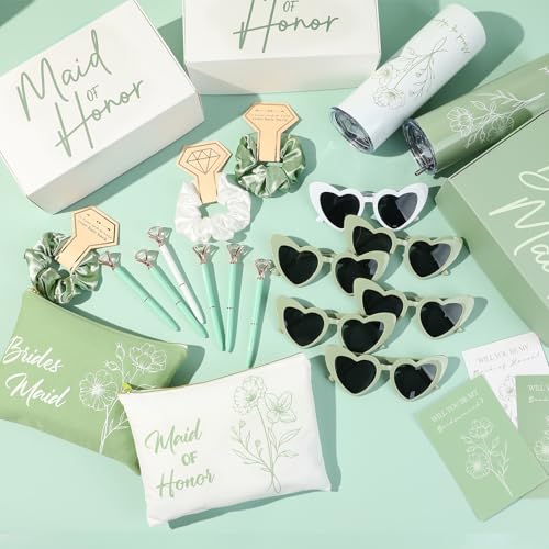 42 Pcs Bridesmaid Proposal Gifts Bridal Shower Gifts Cosmetic Makeup Bags and Boxes Patterned 20oz Water Bottles Bride Sunglasses Scrunchies Hair Diamond Pens Invited Cards Favors for Wedding