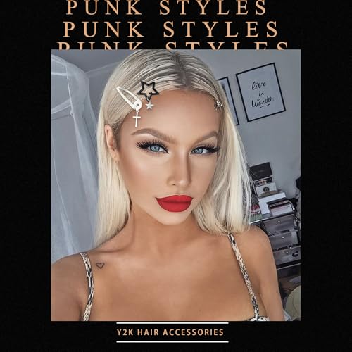 15PCS Sliver Hair Clips Black Small Hair Bows Dangle Cross Clips Metal 6 Shapes Pentagram Star Barrettes Gothic Snap Clips Punk 2000s Y2K Hair Accessories for Women