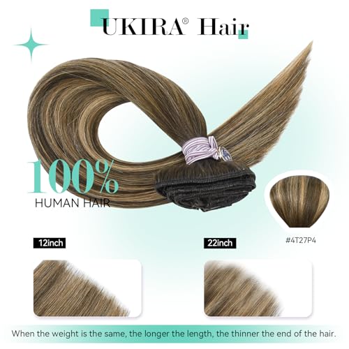 Ukira Balayage Clip in Hair Extensions Real Human Hair, 22 Inch 75g 4/27/4 Chocolate Brown to Caramel Blonde Ombre Human Hair Extensions, Natural Straight Remy Human Hair Clip ins for Women