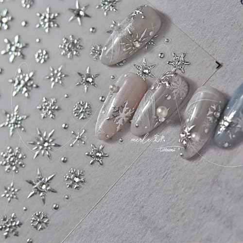 Snowflake Nail Stickers - Christmas Silver 5D Embossed Nail Decals with Rhinestone Design for Winter Nail Art Supplies