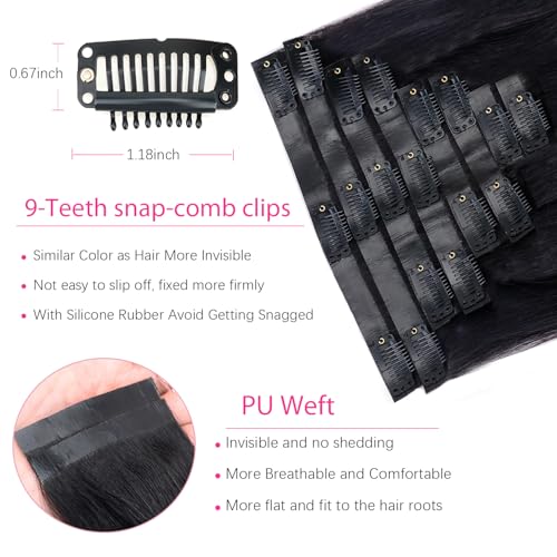 Seamless Clip in Hair Extensions Human Hair for Black Women Pu Clip in Hair Extensions 100% Unprocessed Full Head Brazilian Virgin Straight Human Hair Natural Black Color,8/Pcs with 18Clips,1 (20inch)