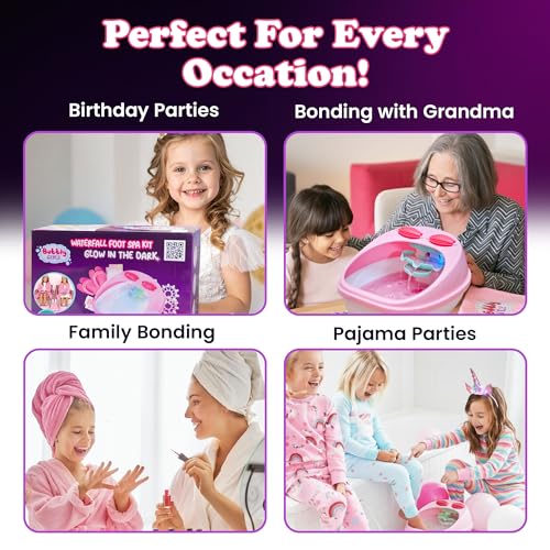 Glow in Dark Kids Spa Day Kit for Girls, 42+ Pieces Waterfall Foot Spa Toys, Nail Spa Kit, Pedicure Manicure Accessories, Perfect Spa Kit for Girls Ages 6 7 8 9 10 11 12, Fun Birthday, Christmas Gifts