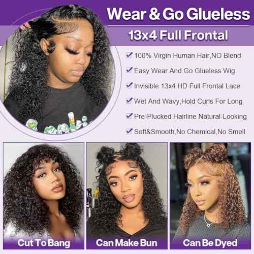 Deep Wave BOB Wig Human Hair 13x4 HD Curly BOB Lace Front Wigs Human Hair Pre Plucked Wear And Go Glueless Short Curly Frontal BOB Wigs For Black Women Wet And Wavy 14 Inch