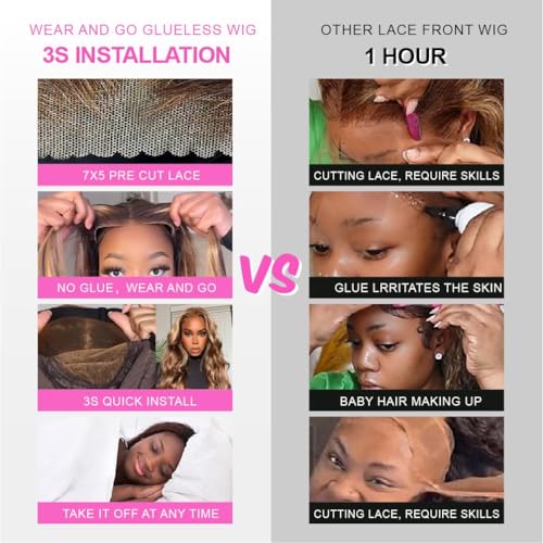 34 Inch Highlight Ombre Lace Front Wig Human Hair 200% Density Brown Highlighted Wig Human Hair 7x5 Highlight wigs human hair glueless wear and go Pre Plucked With Baby Hair Highlight Wig for Women