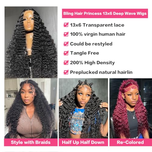 16 Inch Deep Wave Lace Front Wigs Human Hair 200 Density 13x6 HD Transparent Lace Deep Curly Lace Frontal Wigs Natural Black Curly Human Hair Wig Pre Plucked