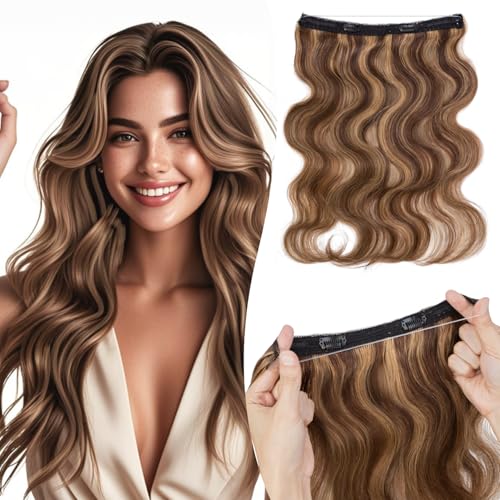 Halo Hair Extensions 14 Inch, 100% Real Human Hair, No Tangle & Smooth, Invisible Wire Extensions for Women, 60g, Wavy Curly #Wavy Medium Brown Mixed Dark Blonde