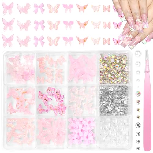 3D Pink Butterfly Nail Charms, Multi Styles Bow Tie Nail Charms and Rhinestones, Summer Butterfly Nails Bow Half White Pearls Charms for Acrylic Nails Art DIY Acessories