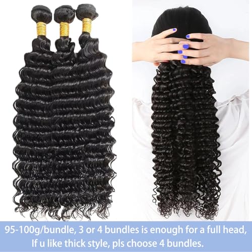 Deep Wave Human Hair Bundles 18 20 22 Inch Deep Curly Bundles Human Hair 12A Unprocessed Brazilian Virgin Weave 3 Bundles Real Human Hair Extensions 1B Natural Black Bundle for Women