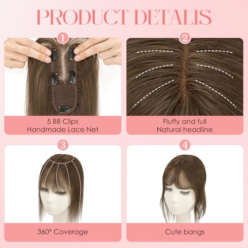 S-noilite Hair Toppers for Women with Bangs Real Human Hair 360¡Æ 3D Cover Clip in Bangs 2X6 Coverage Clip in Hairpiece for Women with Thinning Hairline 10Inch (Dark Brown)
