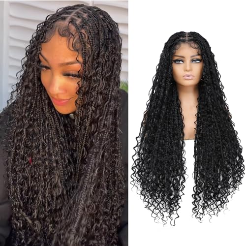 Boho Box Braid Knotless Goddess Locs Wigs with Curly Ends Double Full Lace Square Synthetic Braided Wigs with Baby Hair for Woman Natural Black 36 Inch