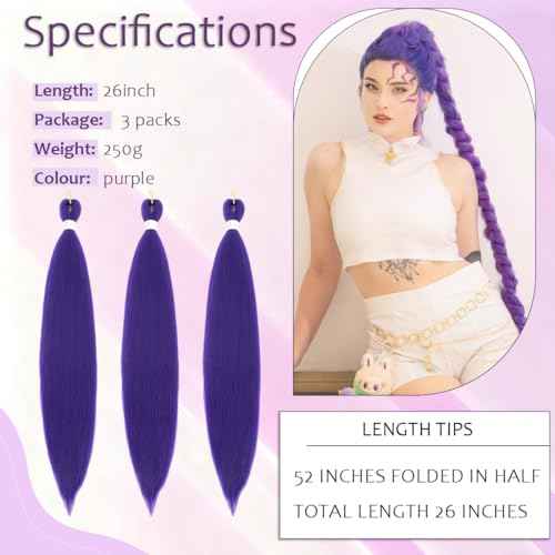 Purple Braiding Hair Extensions 3 Packs Pre-Stretched Braiding Hair for Women Purple Hair Extensions for Braids Cosplay Halloween Costume (26 Inch D-Pur)