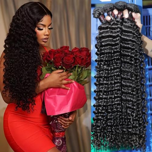 Brazilian Human Hair Bundles Water Wave (14 16 18 Inch)12A 100% Unprocessed Virgin 4 Water Weave Human Hair Bundles Raw Hair Wet and Wavy Hair Extensions Natural Black for Black Women