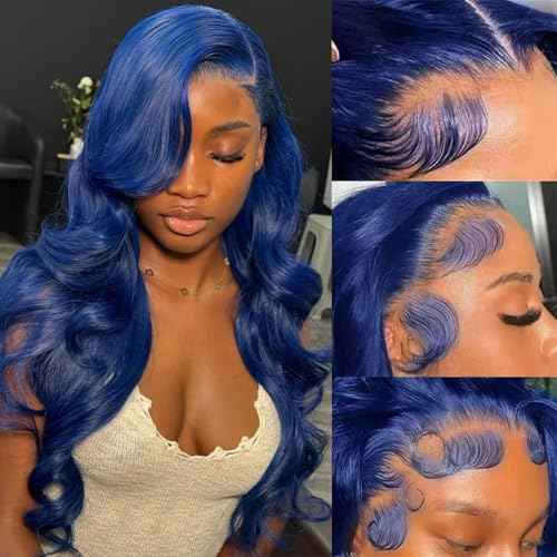 Dark Blue Lace Front Wigs Human Hair Pre Plucked 180% Density 26 Inch Body Wave HD 13x4 Lace Front Pre Plucked Dark Blue Human Hair Wigs with Bleached Knots Natural Hairline