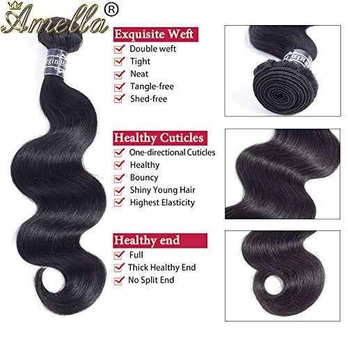 Amella Hair Brazilian Body Wave One Bundle 24 inch Brazilian Virgin Human Hair 100% Unprocessed Brazilian Body Wave Weave Human Hair Bundles Natural Black Color