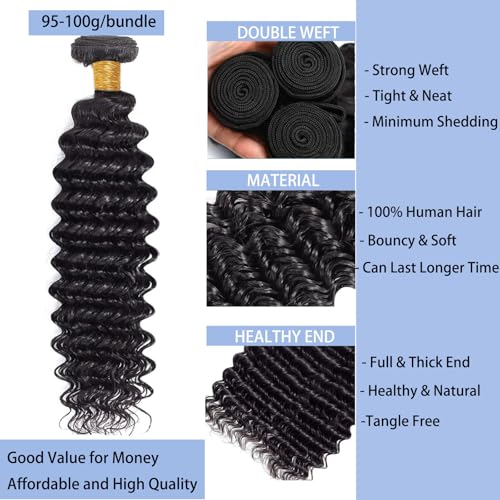 Deep Wave Human Hair Bundles 18 20 22 Inch Deep Curly Bundles Human Hair 12A Unprocessed Brazilian Virgin Weave 3 Bundles Real Human Hair Extensions 1B Natural Black Bundle for Women