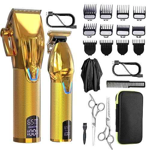 Cordless Hair Clippers for Men,Professional Hair Clippers Trimmer Kit,Barber Fading Clipper and Zero Gap T-Blade Trimmer Set with LED Display for Mens Gifts(Gold)