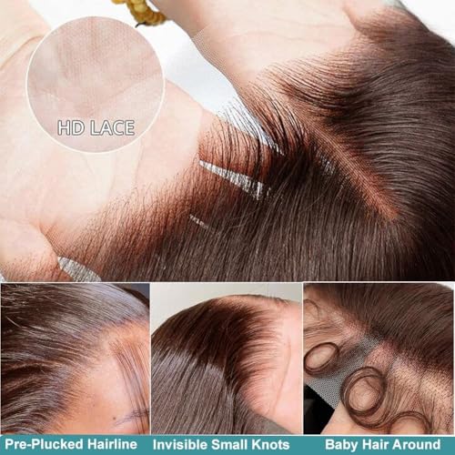 Azkiu 32 Inch Chocolate Brown Lace Front Wigs Human Hair 13x6 Straight HD Lace Front Wigs Pre Plucked Straight Human Hair 13x6 HD Frontal Human Hair Wig for Women 200 Density