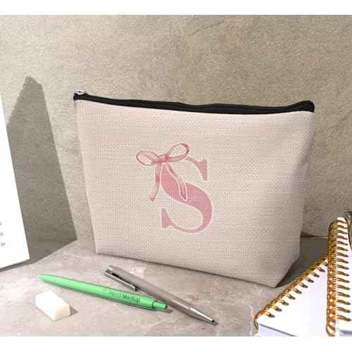Initial Coquette Pink Bow Custom Makeup Bag,initial S Personalized Teen Girl Gifts,Trendy Preppy Cute Monogrammed Gifts Girly Makeup Pouch Zipper Pouch for Women Teen Girl