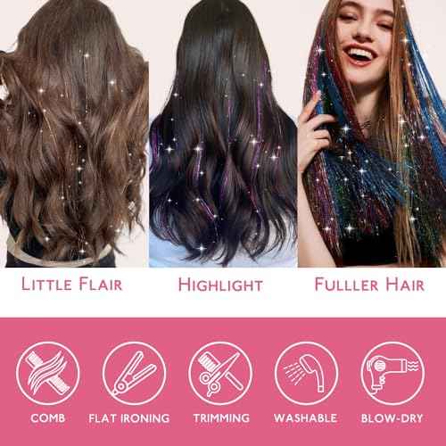 WENNALIFE Hair Tinsel for Girls, Chrismas Fairy 2PCS Red 2PCS Green 1PCS Gold 1PCS Silver 1200 Strands 6PCS 48 Inch Glitter Tinsel Hair Extensions Christmas Gift Sparkle Strands