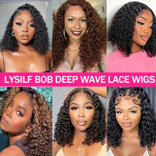 Bob Wig Human Hair 13x6 Deep Wave HD Lace Front Wigs Human Hair 250% Density Bob Curly Lace Frontal Wigs Brazilian Virgin Human Hair Wigs Pre Plucked with Baby Hair (Natural Color,8Inch)