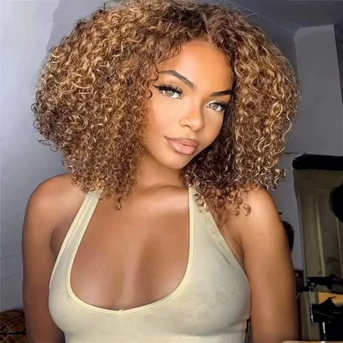 Bob Wig Human Hair Highlight Ombre 13x6 Frontal Lace Wig Deep Curly Virgin Human Hair Wig Pre Plucked HD Transparent Lace Frontal Wigs for Women 14 Inch