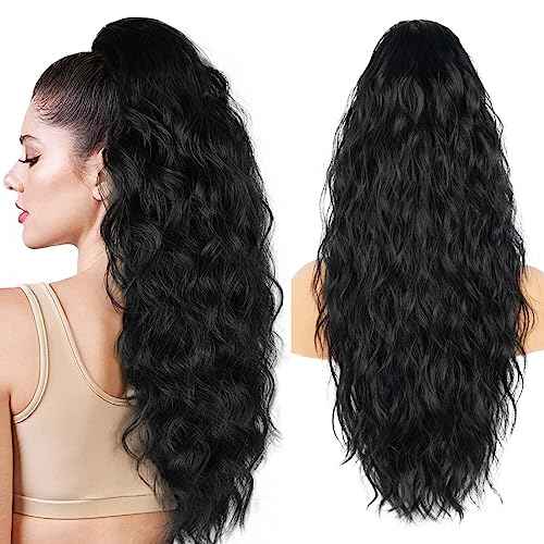26 inch Black Ponytail Extension, Drawstring Ponytail for Women, Long Wavy Pony Tails Hair Extensions, Synthetic Hair Extensions Ponytail for Daily Use (Color: Black)