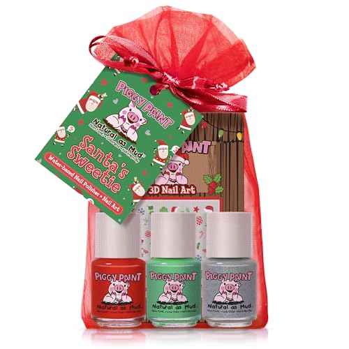 Piggy Paint | 100% Non-Toxic Girls Nail Polish | Safe, Cruelty-free, Vegan, & Low Odor for Kids | Santa's Sweetie (Christmas Holiday 3 Polish + Nail Art Gift Set)