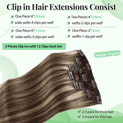 Clip in Hair Extensions Real Human Hair for Women Highlight Straight Remy Human Hair Extensions Clip ins Balayage Chestnut Brown and Beige Blonde Clip in Hair Extensions for Women 22 Inch 5pcs 70g