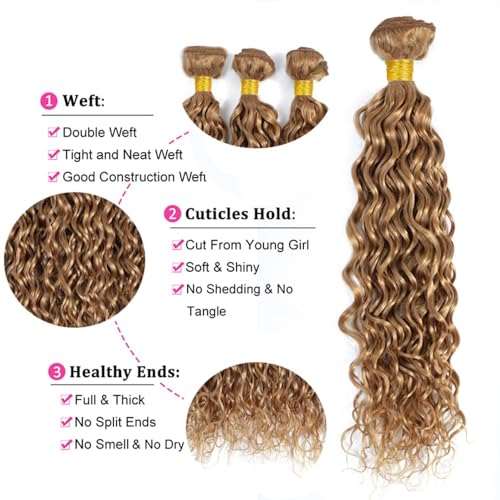 #27 Honey Water Wave Human Hair Bundles 3 Bundles Brazilian Virgin Human Hair Extensions Unprocessed Hair Bundles for Women 26 28 30 Inch