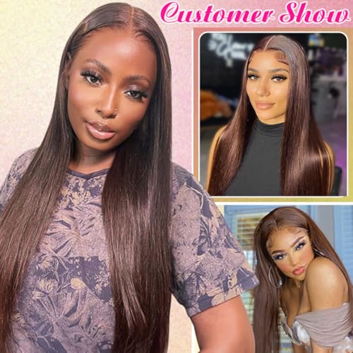 Chocolate Brown Lace Front Wigs Human Hair Pre Plucked Brazilian Unprocessed Straight 13x4 HD Lace Frontal Wig with Baby Hair Colored Wigs for Women(Chocolate Brown, 24 Inch)