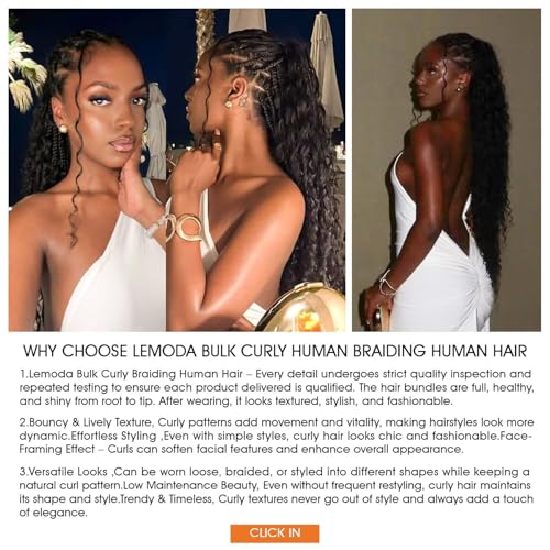 Lemoda Boho Human Braiding Hair Burmese Curly Bulk Human Hair Extensions For Bohemian Knotless Braids No Weft 24Inch 1Bundle/Lot 100g/1Bundle 1B Natural Black Salon-Quality