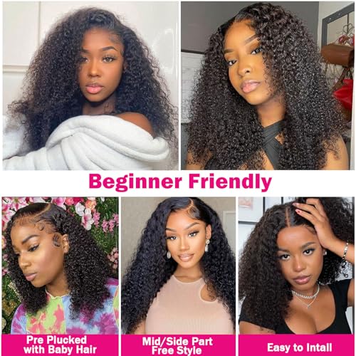 13x6 Lace Front Wigs Human Hair Glueless Wear and Go Kinky Curly Wig Pre Plucked Pre Cut HD Lace Frontal Wig with Baby Hair For Black Women 16 Inch Natural Color