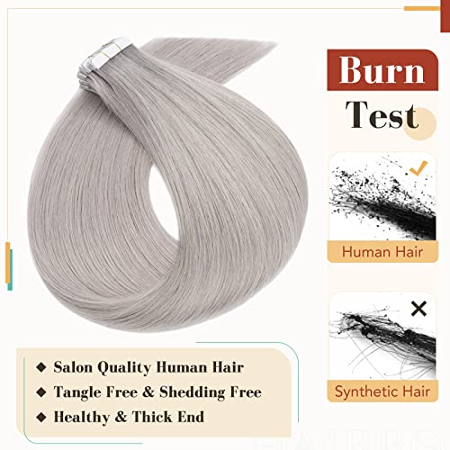 Hairro Tape In Hair Extensions Human Hair Remy Tape On Extensions Adhesive Skin Weft Tape In Hair Natural Glue in Hairpieces Full Head Grey Remy Tape Extensions 18 inch 50g 20pcs #GREY