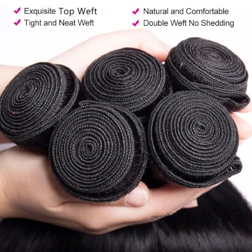10A Brazilian Straight Human Hair 3 Bundles with Closure 14 16 18+12 Inch 100% Unprocessed Straight Virgin Hair Weave Bundles Human Hair with 4x4 HD Lace Closure