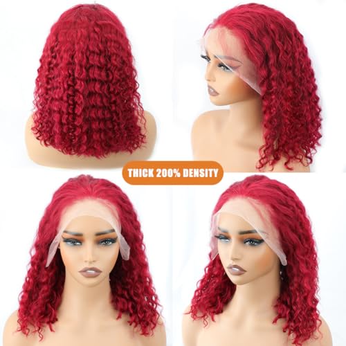 DJFG Deep Wave Lace Front Wigs Human Hair Curly Wig Human Hair HD Frontal 200 Density 13x6 Lace 99j Burgundy Red 14 Inch
