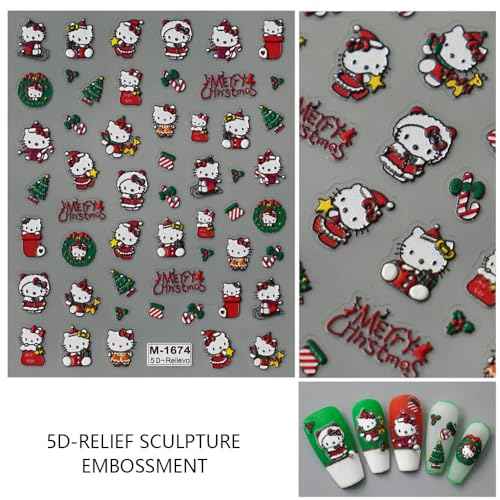Cute 5D Relief Nail Art Sticker Decals Self Adhesive Christmas Cat Design Nail Decals Cartoon Cat Designer Nail Stickers for Women DIY Manicure Xmas Nail Stickers Decoration Accessories Supply