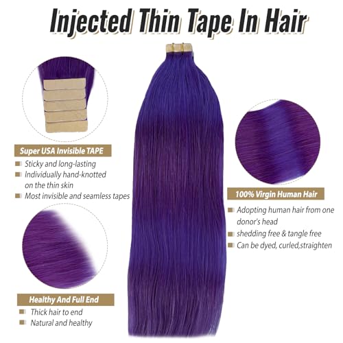 Tape in Hair Extensions Human Hair Double Sided Purple Colored Tape in Hair Extensions Real Human Hair Invisible Long Straight Skin Weft Tape ins Human Hair for Women 70g 20pcs 24"