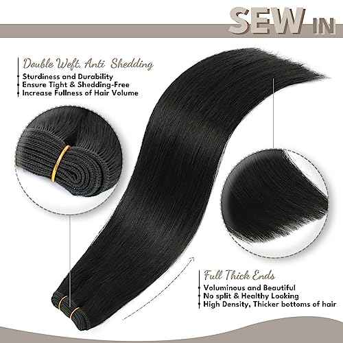 Sew in Hair Extensions Real Human hair, Silky Soft &Shiny Double Drawn Weft Hair Extensions human hair, Thick ends&Tangle Free Human hair extensions sew in,100g Straight Natural Black,16 inch