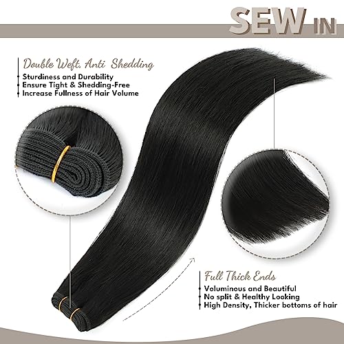Sew in Hair Extensions Real Human hair, Silky Soft &Shiny Double Drawn Weft Hair Extensions human hair, Thick ends&Tangle Free Human hair extensions sew in,100g Straight Natural Black,18 inch