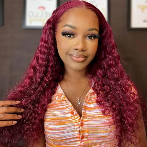99J Burgundy Deep Wave Lace Front Wigs Human Hair Pre Plucked 13x4 HD Lace Front Wigs for Black Women 24 Inch Red Colored Deep Curly Wet and Wavy Glueless Human Hair Wig